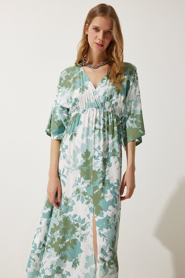 Happiness İstanbul Happiness İstanbul Women's Almond Green Wrapover Neck Patterned Summer Viscose Dress