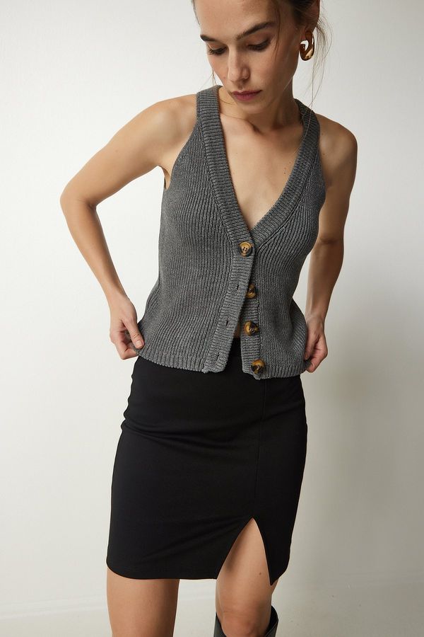 Happiness İstanbul Happiness İstanbul Women's Anthracite Barbell Neck Buttoned Knitwear Vest