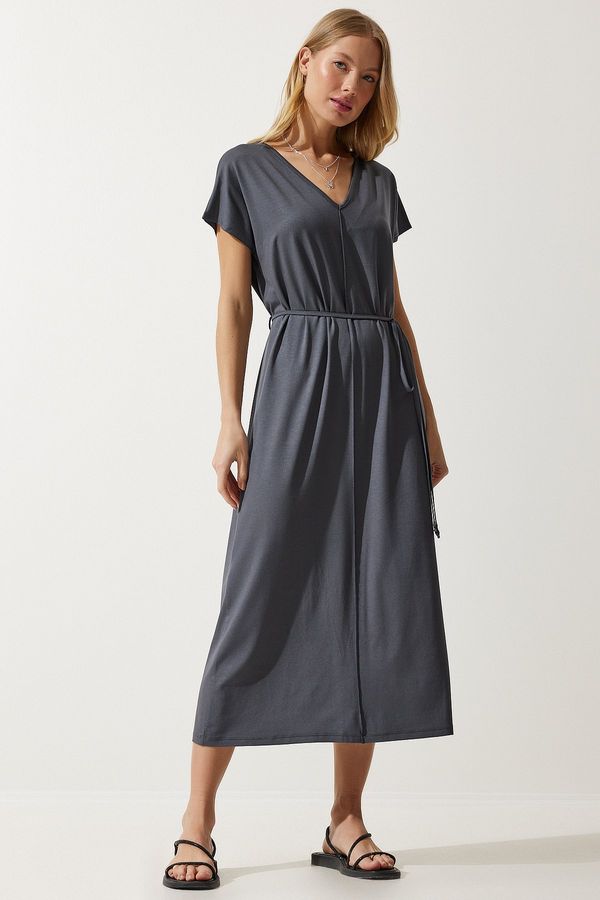 Happiness İstanbul Happiness İstanbul Women's Anthracite Belted V Neck Viscose Dress