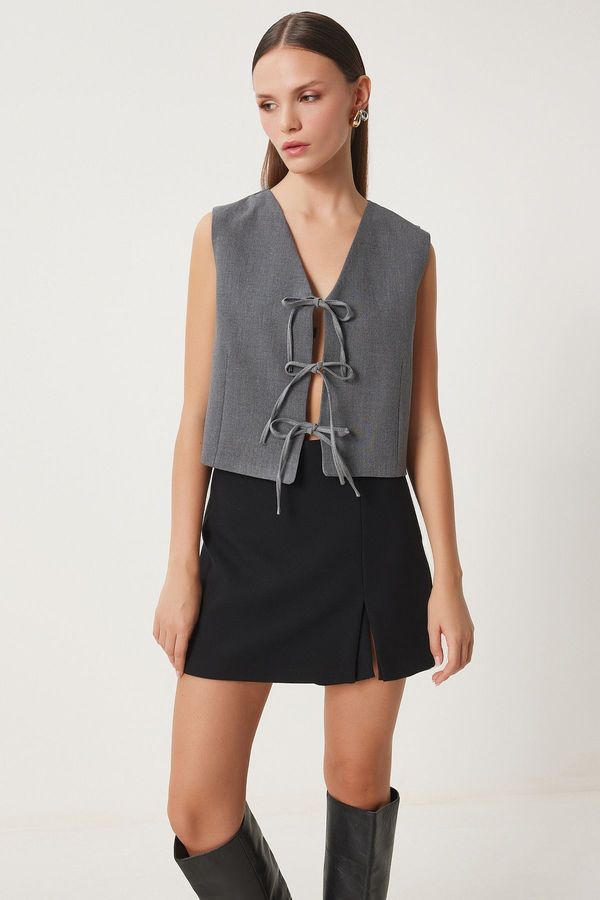 Happiness İstanbul Happiness İstanbul Women's Anthracite Bow Tie Woven Vest