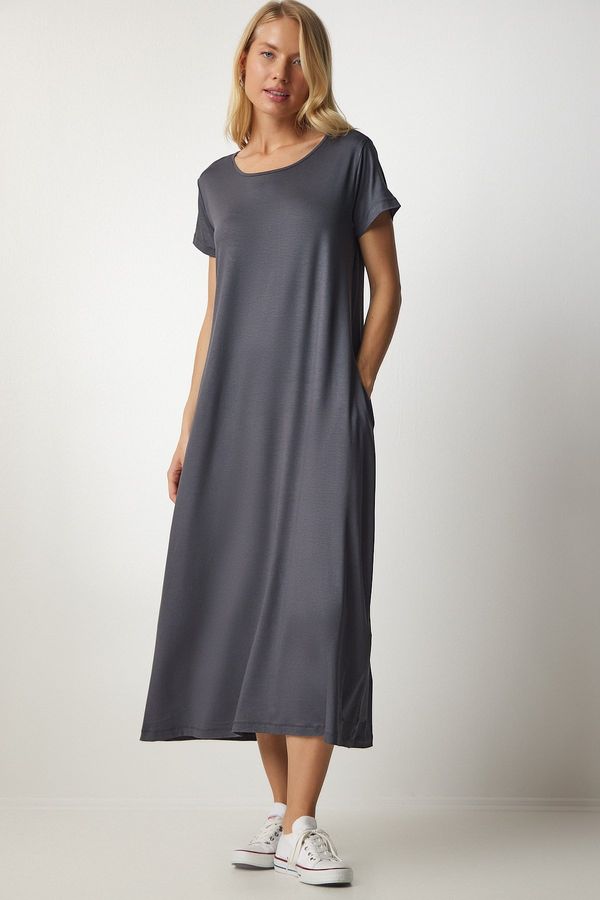 Happiness İstanbul Happiness İstanbul Women's Anthracite Daily Pocket Knitted Combed Combed Dress