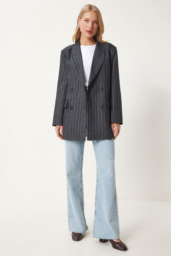 Happiness İstanbul Happiness İstanbul Women's Anthracite Double Breasted Striped Woven Jacket