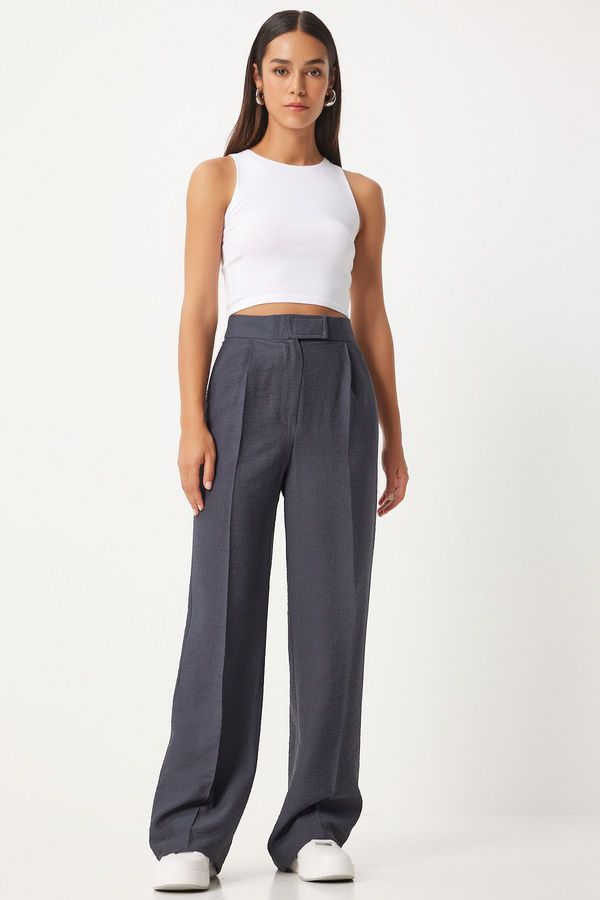 Happiness İstanbul Happiness İstanbul Women's Anthracite Hook and Loop Closure Loose Linen Trousers