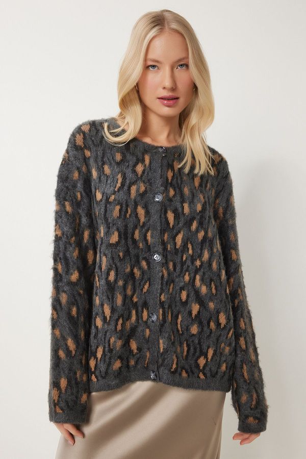 Happiness İstanbul Happiness İstanbul Women's Anthracite Mink Leopard Print Bearded Knitwear Cardigan