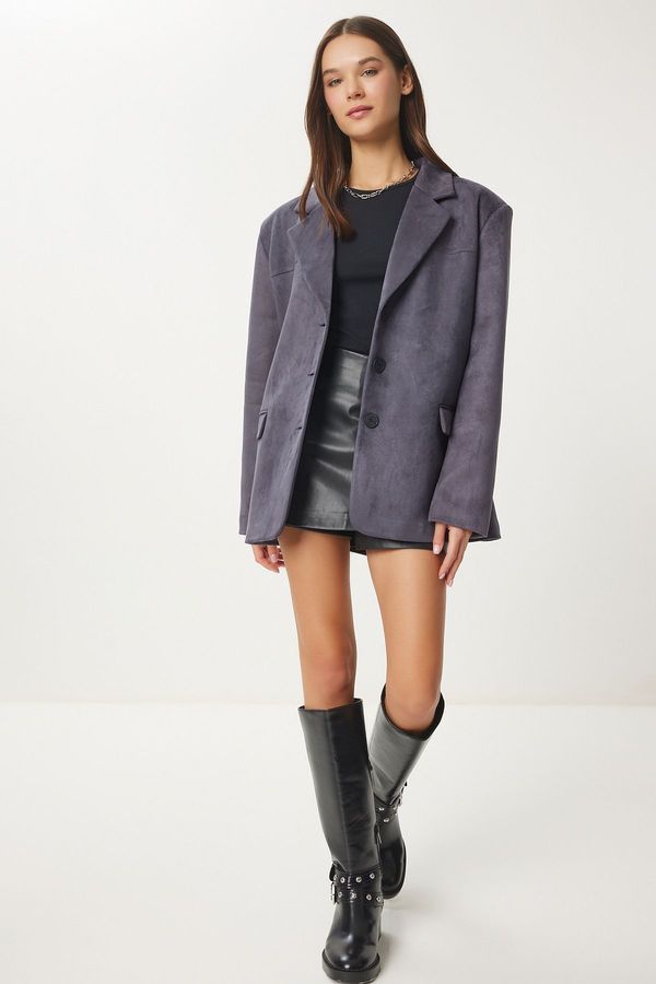 Happiness İstanbul Happiness İstanbul Women's Anthracite Premium Suede Blazer Jacket