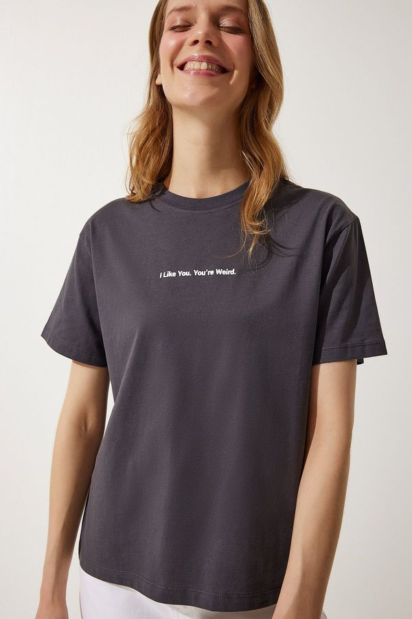 Happiness İstanbul Happiness İstanbul Women's Anthracite Printed Basic Knitted T-Shirt
