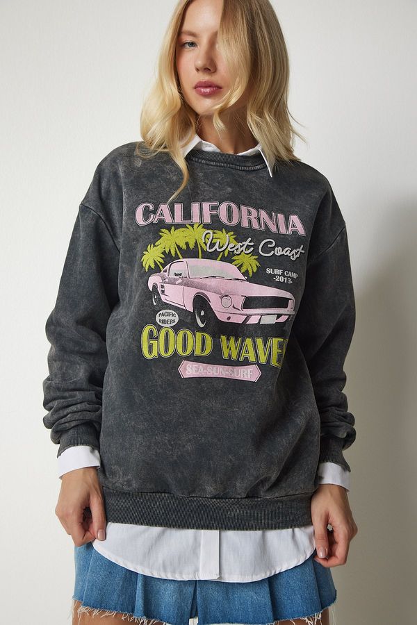 Happiness İstanbul Happiness İstanbul Women's Anthracite Printed Oversized Shark Sweatshirt