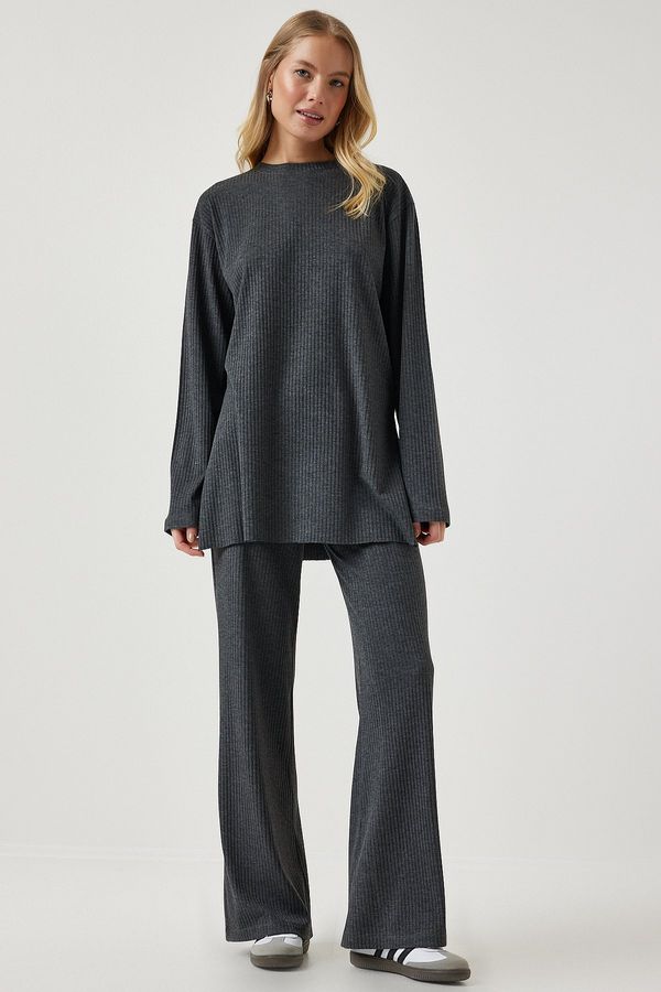 Happiness İstanbul Happiness İstanbul Women's Anthracite Ribbed Knitted Blouse Pants Suit