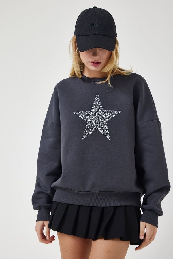 Happiness İstanbul Happiness İstanbul Women's Anthracite Star Embroidered Raised Knitted Sweatshirt