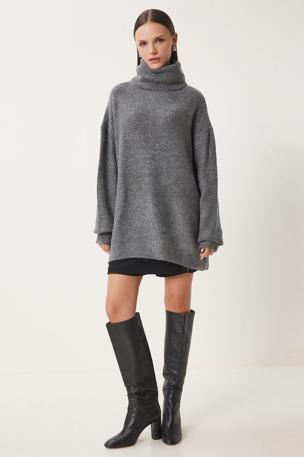 Happiness İstanbul Happiness İstanbul Women's Anthracite Turtleneck Long Knit Sweater