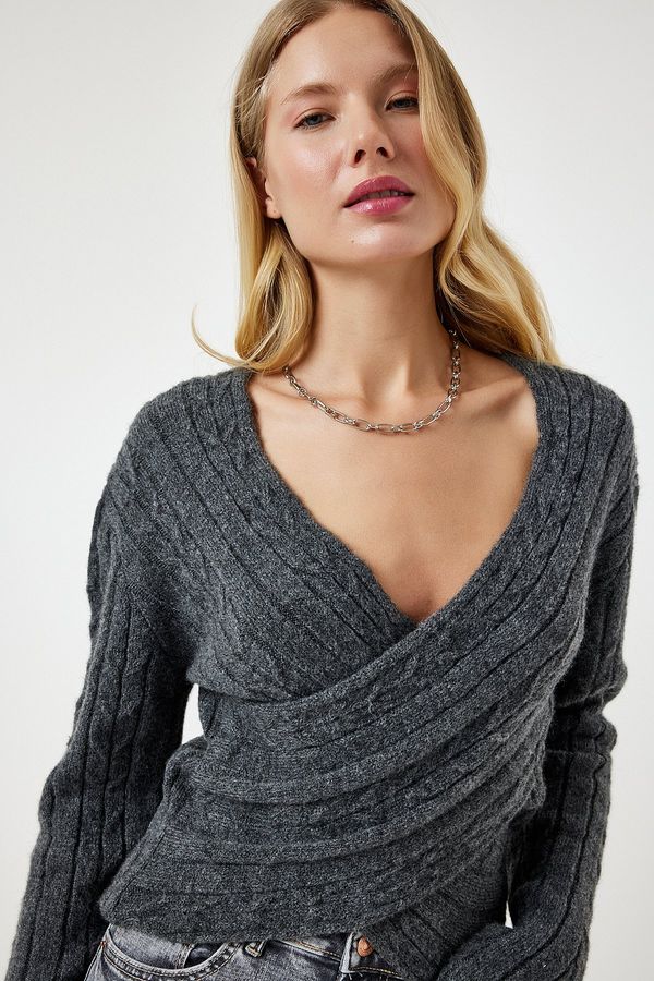 Happiness İstanbul Happiness İstanbul Women's Anthracite Wrap Neck Seasonal Knitwear Sweater