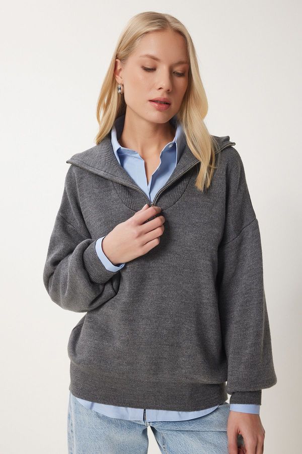 Happiness İstanbul Happiness İstanbul Women's Anthracite Zippered Collar Basic Knitwear Sweater