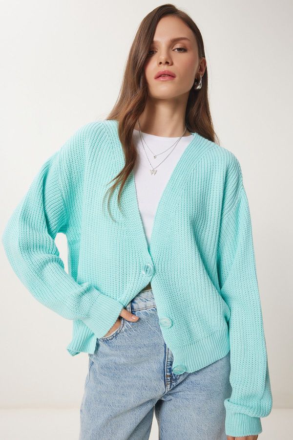 Happiness İstanbul Happiness İstanbul Women's Aqua Green V-Neck Buttoned Knitwear Cardigan