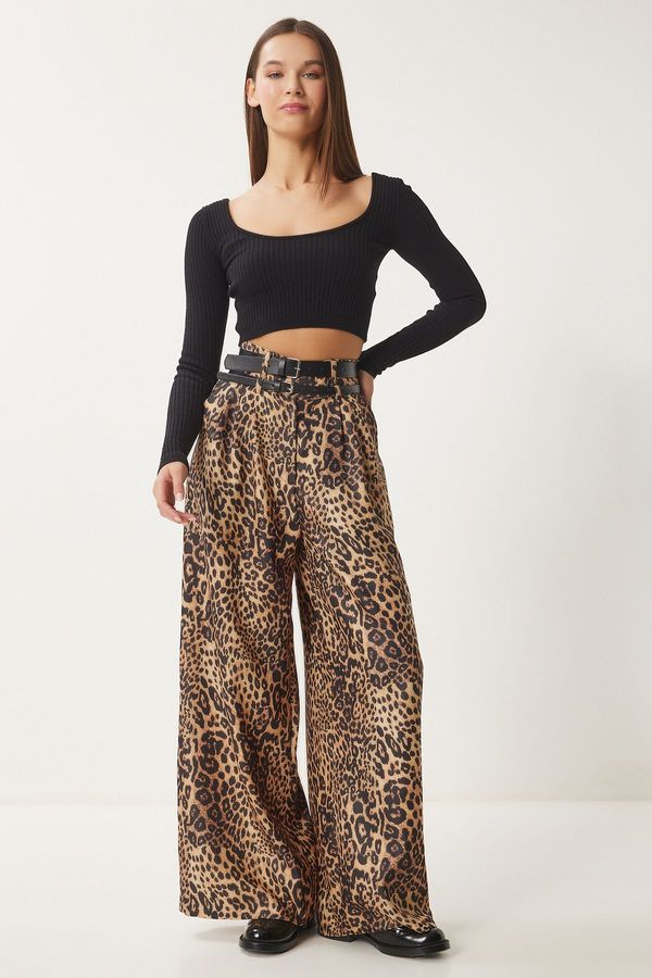 Happiness İstanbul Happiness İstanbul Women's Beige Black Leopard Patterned Double Belted Culatte Woven Trousers