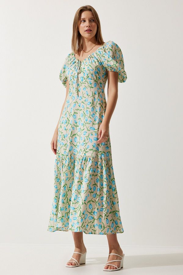 Happiness İstanbul Happiness İstanbul Women's Beige Blue Patterned Balloon Sleeve Summer Viscose Dress