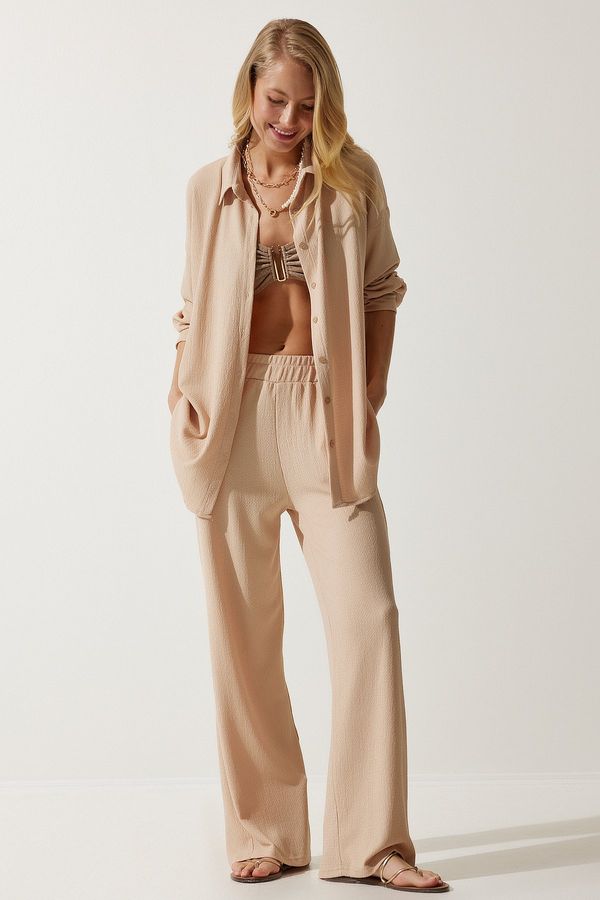 Happiness İstanbul Happiness İstanbul Women's Beige Casual Knitted Shirt Pants Suit