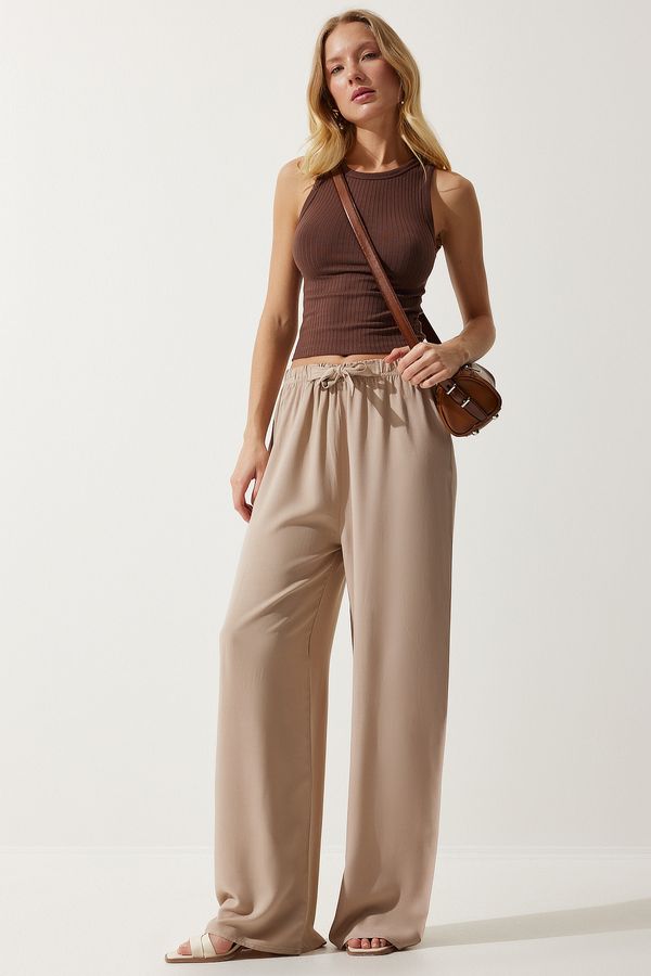 Happiness İstanbul Happiness İstanbul Women's Beige Flowy Knitted Palazzo Trousers