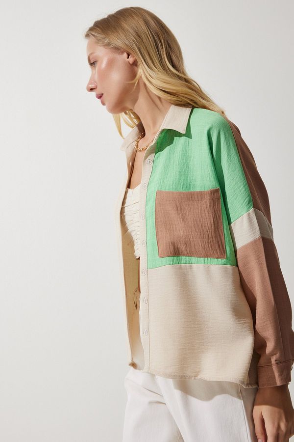 Happiness İstanbul Happiness İstanbul Women's Beige Green Color Block Color Linen Shirt