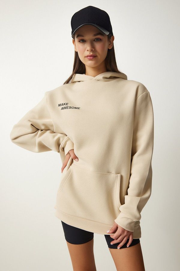 Happiness İstanbul Happiness İstanbul Women's Beige Hooded Raised Knitted Sweatshirt