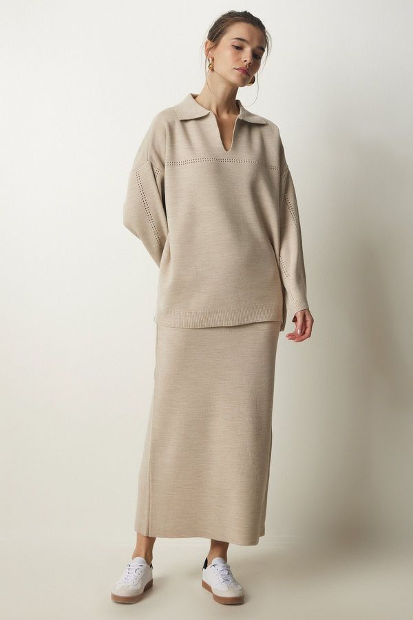 Happiness İstanbul Happiness İstanbul Women's Beige Polo Neck Elegant Knitwear Sweater Skirt Suit