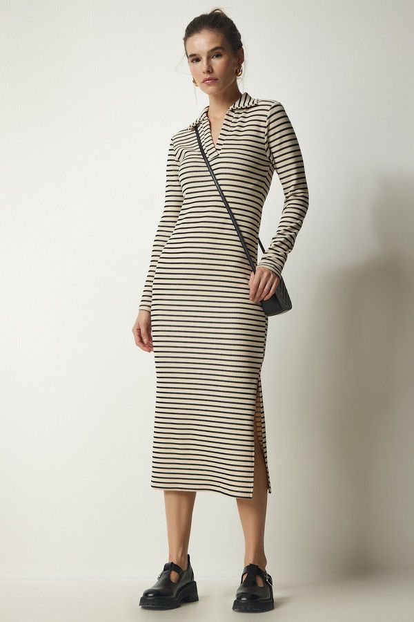 Happiness İstanbul Happiness İstanbul Women's Beige Polo Neck Striped Camisole Dress