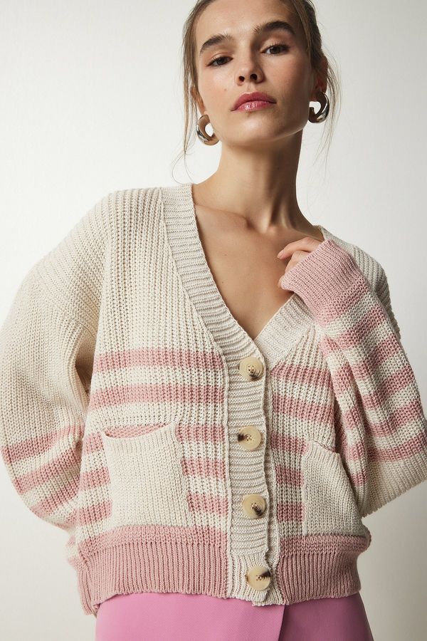 Happiness İstanbul Happiness İstanbul Women's Beige Powder Striped Knitwear Cardigan