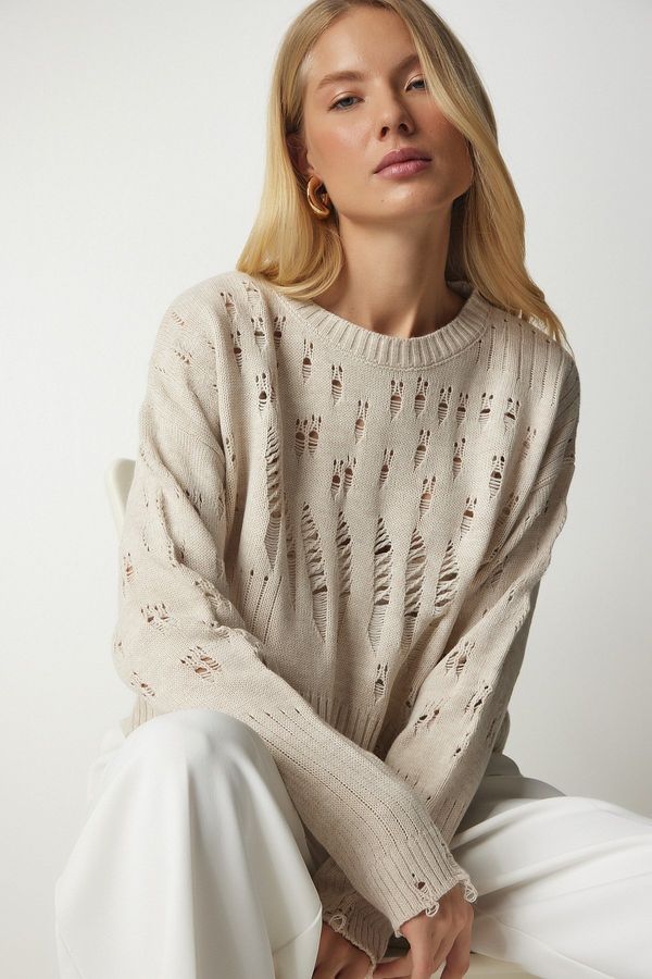 Happiness İstanbul Happiness İstanbul Women's Beige Ripped Detail Knitwear Sweater
