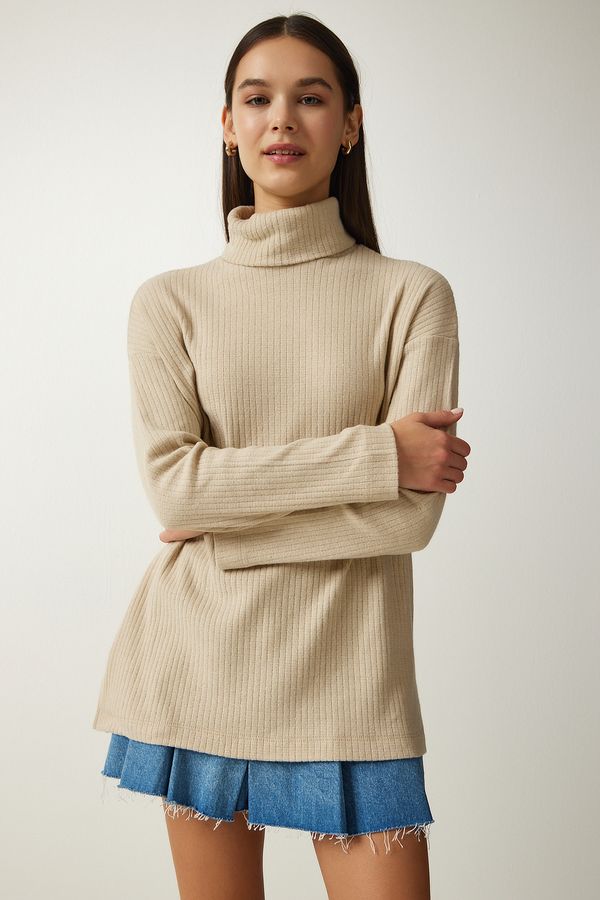 Happiness İstanbul Happiness İstanbul Women's Beige Turtleneck Ribbed Oversize Knitted Blouse
