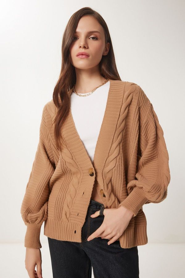 Happiness İstanbul Happiness İstanbul Women's Biscuit Braided Balloon Sleeve Loose Knitwear Cardigan