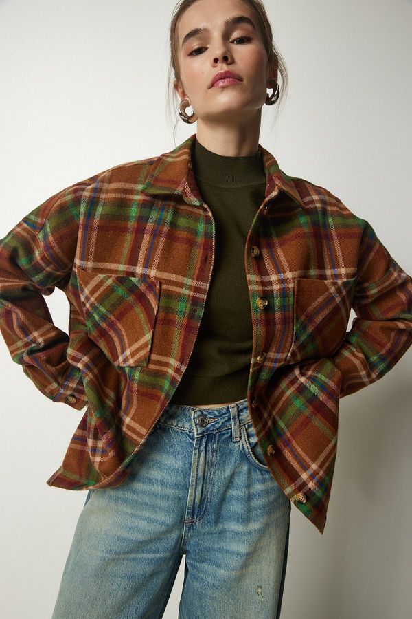 Happiness İstanbul Happiness İstanbul Women's Biscuit Green Patterned Oversize Cachet Lumberjack Shirt