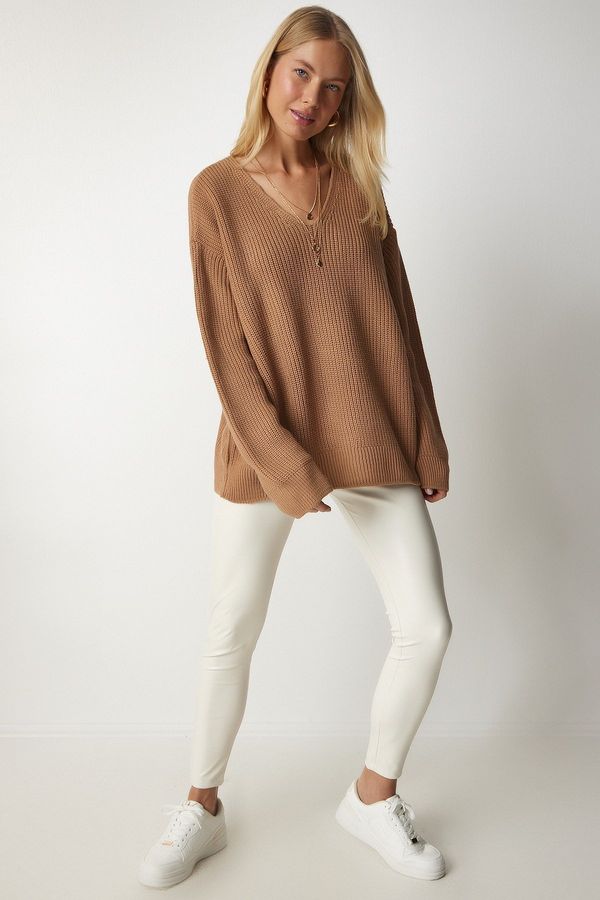 Happiness İstanbul Happiness İstanbul Women's Biscuit V Neck Oversize Basic Knitwear Sweater