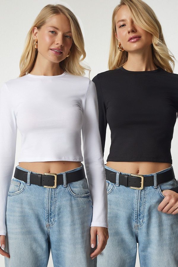 Happiness İstanbul Happiness İstanbul Women's Black and White Basic 2 Pack Knitted Crop Blouse