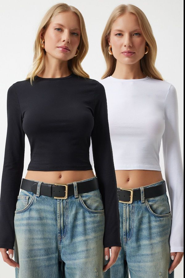 Happiness İstanbul Happiness İstanbul Women's Black and White Crew Neck Basic 2-Pack Crop Knitted Blouse