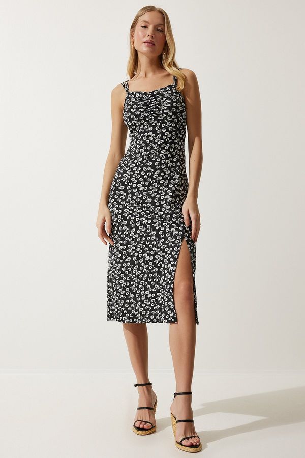 Happiness İstanbul Happiness İstanbul Women's Black and White Double Strappy Patterned Knitted Dress