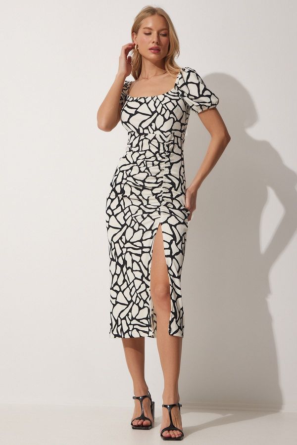 Happiness İstanbul Happiness İstanbul Women's Black and White Gathered Wrap Summer Knitted Dress