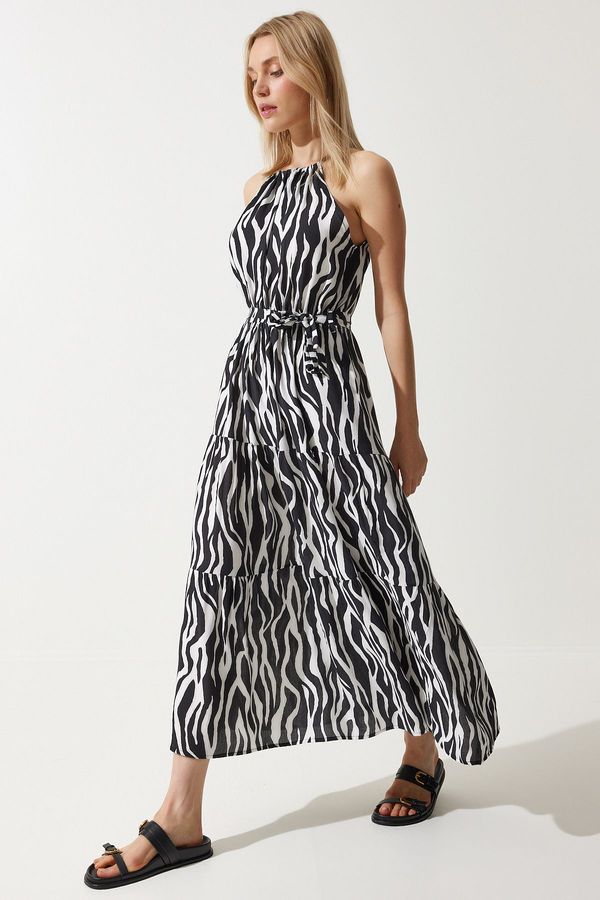 Happiness İstanbul Happiness İstanbul Women's Black and White Halter Collar Summer Viscose Dress