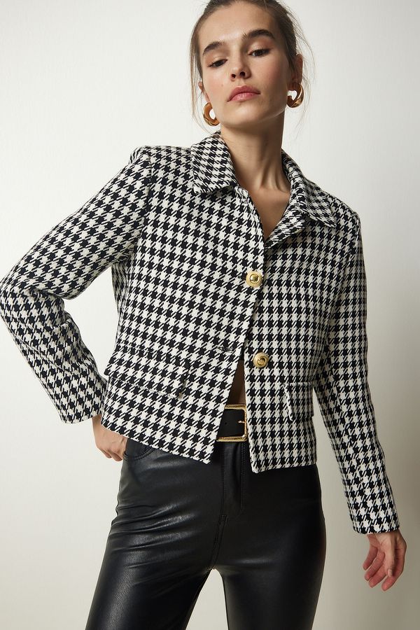 Happiness İstanbul Happiness İstanbul Women's Black and White Houndstooth Pattern Stylish Woven Jacket