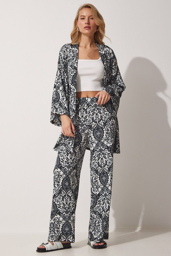 Happiness İstanbul Happiness İstanbul Women's Black and White Patterned Summer Kimono Pants Knitted Suit