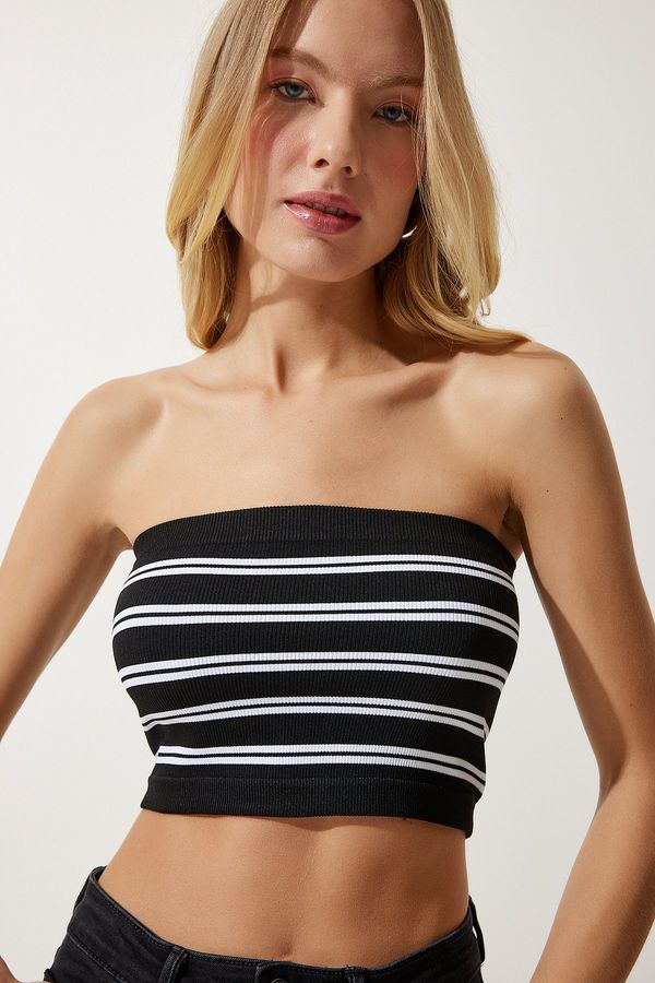 Happiness İstanbul Happiness İstanbul Women's Black and White Strapless Ribbed Knitted Bustier