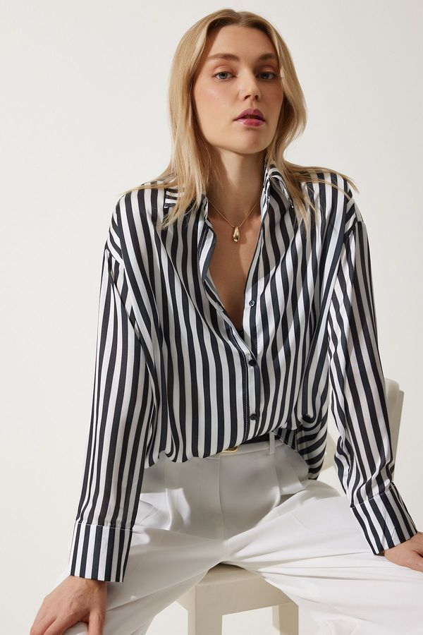 Happiness İstanbul Happiness İstanbul Women's Black and White Striped Draped Satin Look Shirt