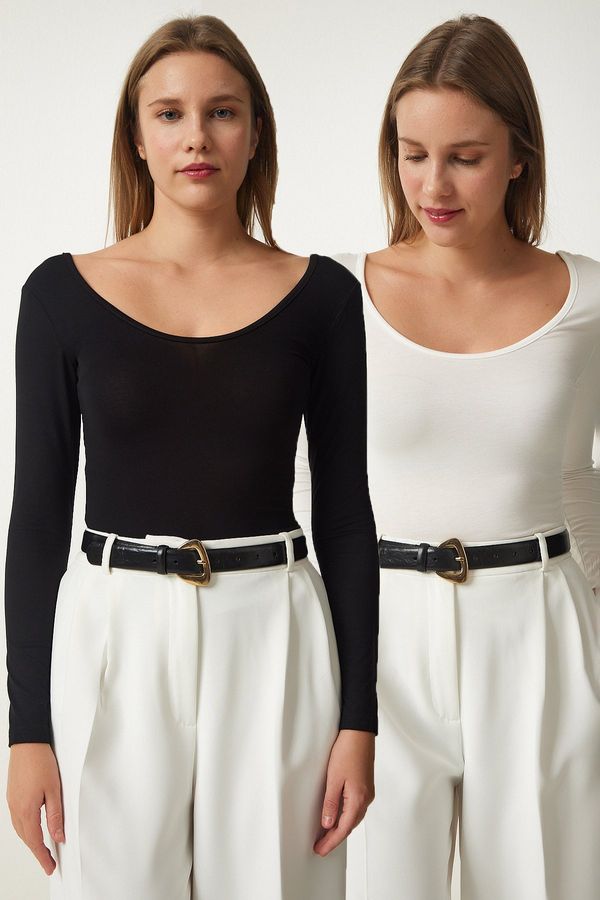 Happiness İstanbul Happiness İstanbul Women's Black and White Wide U Neck Double Pack Viscose Knitted Blouse