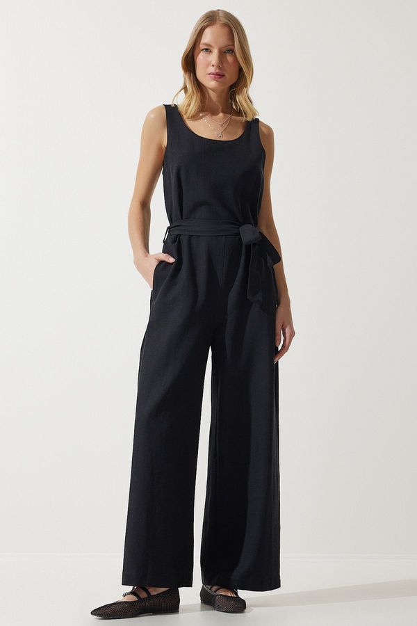 Happiness İstanbul Happiness İstanbul Women's Black Belted Linen Jumpsuit