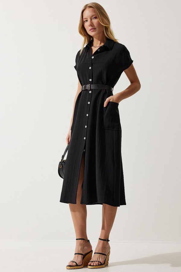 Happiness İstanbul Happiness İstanbul Women's Black Belted Woven Dress