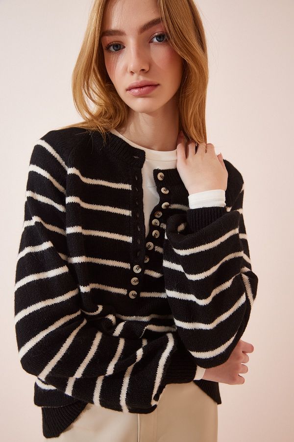 Happiness İstanbul Happiness İstanbul Women's Black Buttoned Collar Striped Knitwear Sweater