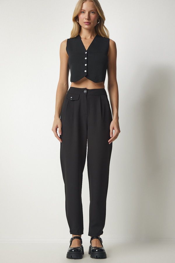 Happiness İstanbul Happiness İstanbul Women's Black Buttoned Stylish Woven Trousers