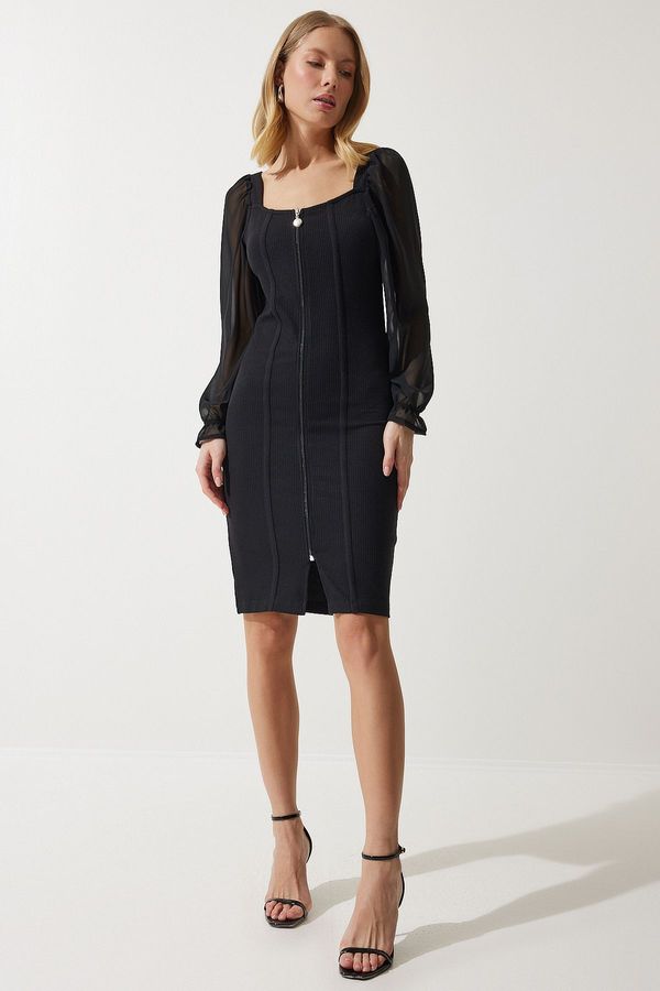 Happiness İstanbul Happiness İstanbul Women's Black Chiffon Detailed Zippered Ribbed Knitted Dress