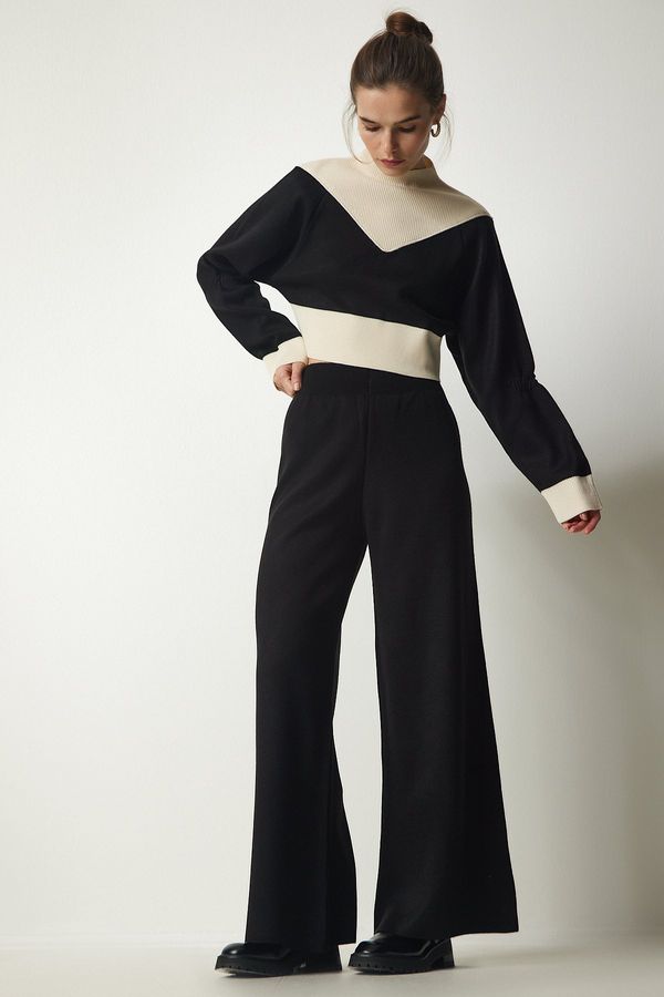 Happiness İstanbul Happiness İstanbul Women's Black Color Block Sweater Pants Stylish Knitwear Suit