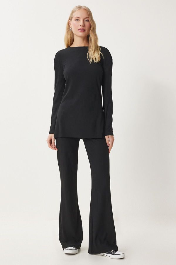 Happiness İstanbul Happiness İstanbul Women's Black Comfortable Ribbed Knitted Blouse Trousers Set