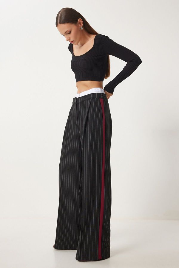 Happiness İstanbul Happiness İstanbul Women's Black Contrast Waist Detail Striped Woven Trousers
