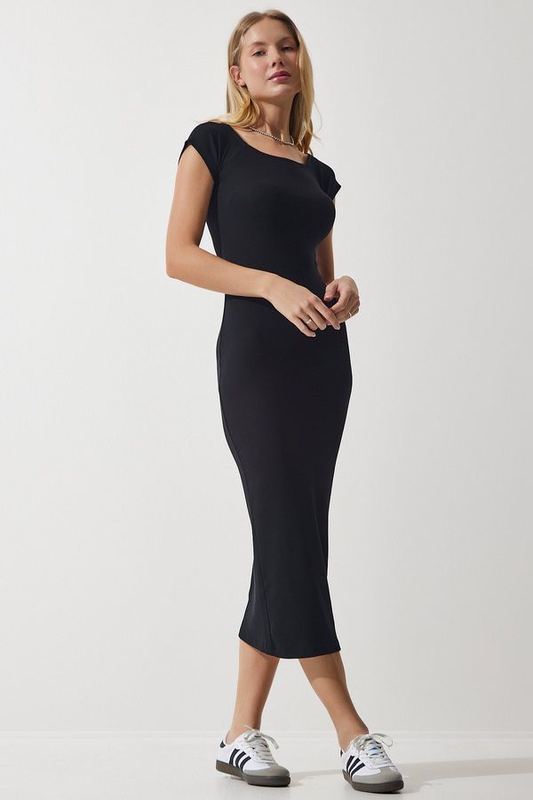 Happiness İstanbul Happiness İstanbul Women's Black Crew Neck Ribbed Knitted Modal Dress